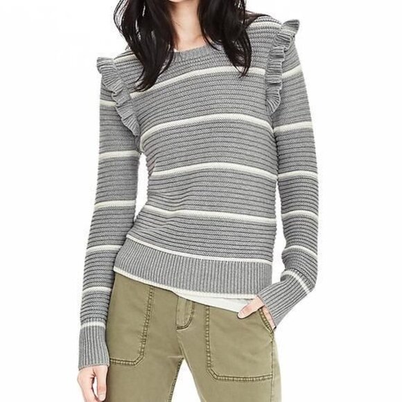 Banana Republic Grey White Striped Ruffle Pullover Sweater - Picture 1 of 6